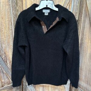 Daniel Cremieux 100% Cashmere Black Long Sleeve Sweater Brown Suede Inner Collar